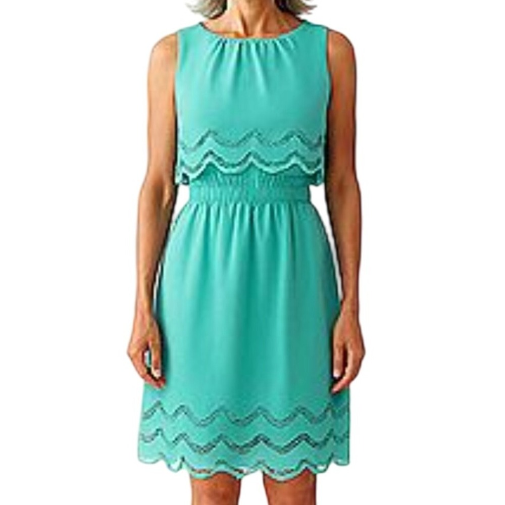 Gianni Bini Aqua Teal‎ Wavy Scallop Trim Dress Size M Sleeveless